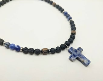 boys cross necklace, cross necklace for boys, blue sodalite stone with black lava, diffuser beads for him, mens surf style, gift for boys 5+