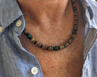 Mens jade necklace, beaded black necklace, green jade necklace for man, large surf choker, coconut Hawaiian style in 8mm wide