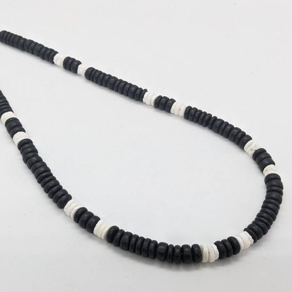Extra wide men's necklace, white Puka shell, black coconut 8mm wide surf necklace for man BD8_02