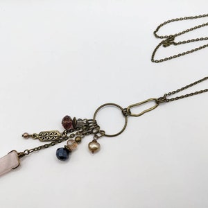Womens long boho necklace, rose quartz stone for calm on extra long copper chain with pink stone crystals and pearl