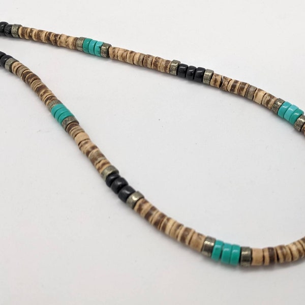 Turquoise choker, mens turquoise necklace, a surfer style beaded unisex necklace by JT Maui in waxed coconut on sturdy stainless wire