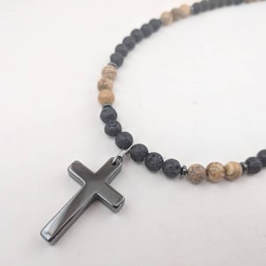 Mens cross necklace, cross jewelry for man, boys confirmation gift in black lava diffuser beads and stone cross BD6_57 image 4