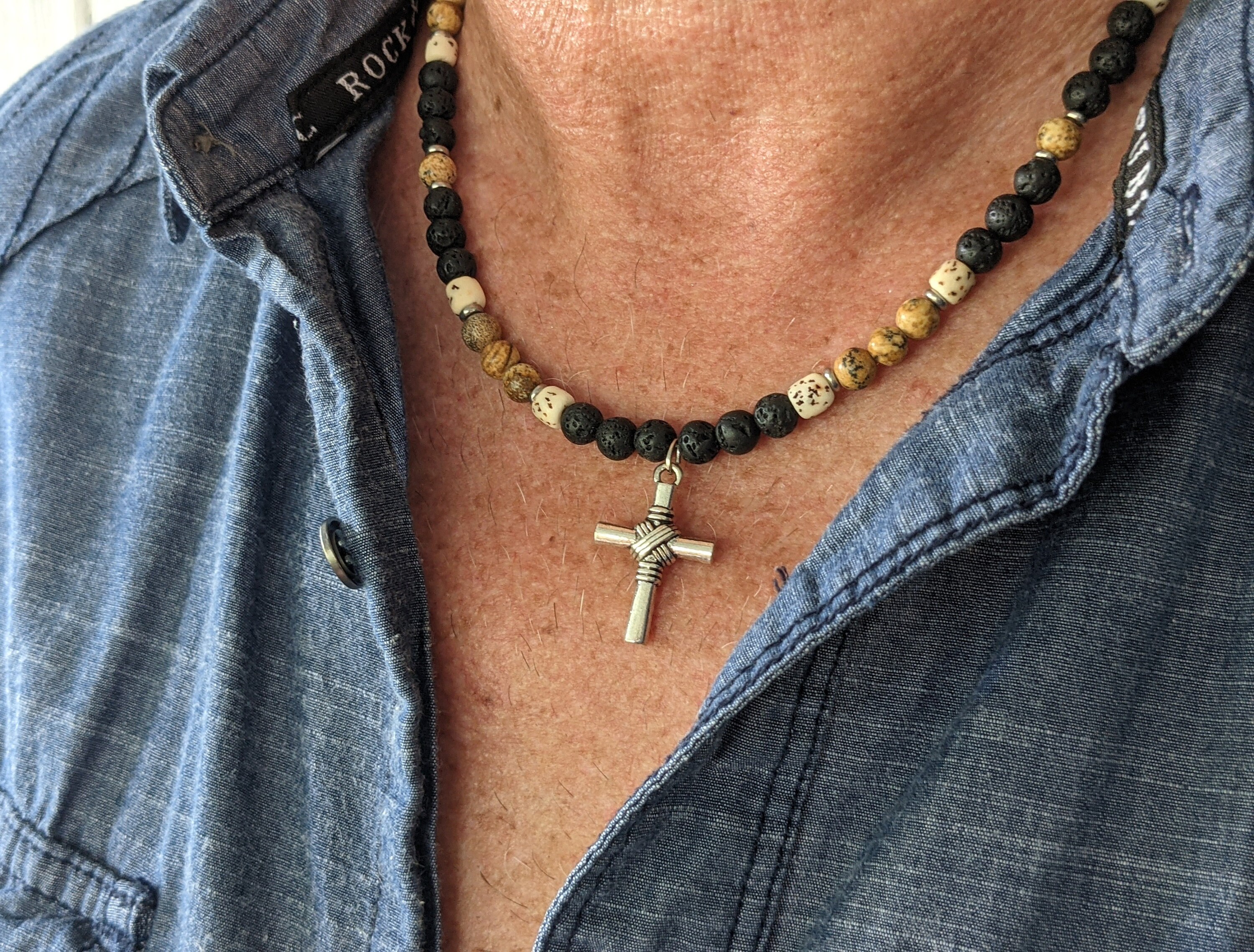 Mens beaded necklaces with cross best sale