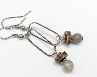 Gray and silver boho earrings, labradorite on silver paperclip style stainless steel, on high quality stainless ear wires, hypoallergenic