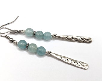 Silver boho earrings, light blue quartzite, on silver stainless ear wires and tibetan silver coated textured paddles