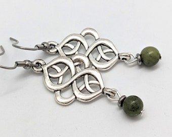 Silver celtic knot earrings, olive green earrings, boho style earrings under 2 inches