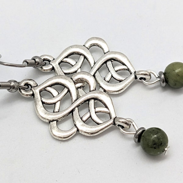 Silver Celtic knot, olive green, boho style earrings under 2 inches