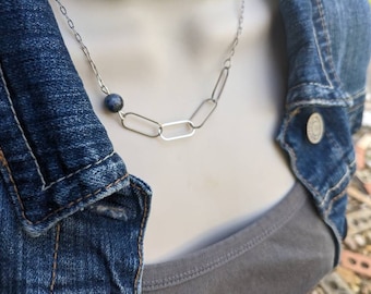 Silver link necklace, blue necklace, sodalite boho necklaces for women, geometric paperclip style necklace