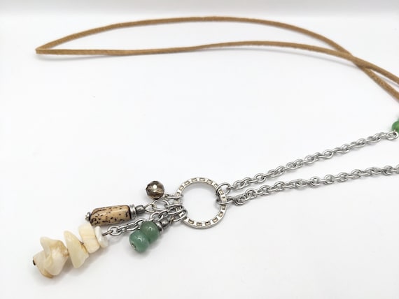 Long jade boho necklace: light green jade and shell on leather, extra long silver chain and multi drop style