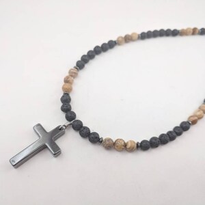 Mens cross necklace, cross jewelry for man, boys confirmation gift in black lava diffuser beads and stone cross BD6_57 image 3