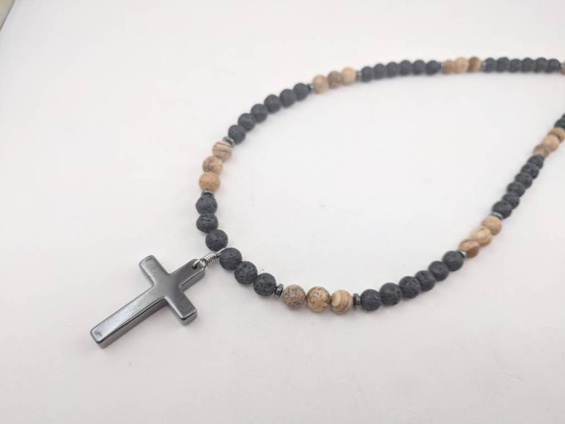 Mens cross necklace, cross jewelry for man, boys confirmation gift in black lava diffuser beads and stone cross BD6_57 image 3