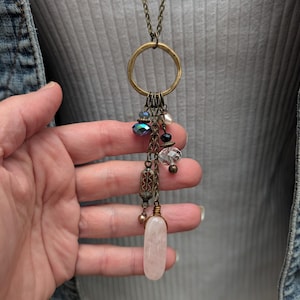 Long multi charm necklace, rose quartz light pink on long bronze chain, boho style, multi drops image 3