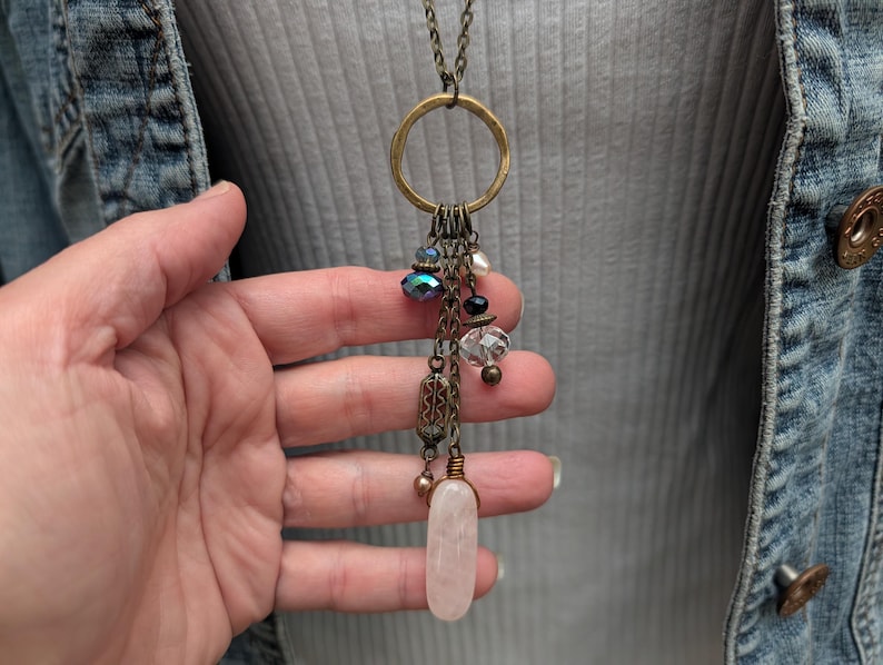 Long multi charm necklace, rose quartz light pink on long bronze chain, boho style, multi drops image 3