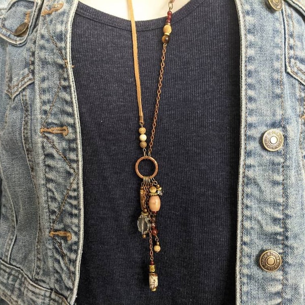 long collier bohème, collier moutarde et rouille, agate orange, longs colliers pour femmes, cristaux pour femmes de style bohème par JT Maui