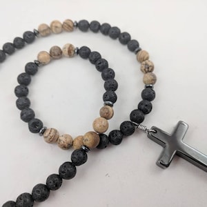 Mens cross necklace, cross jewelry for man, boys confirmation gift in black lava diffuser beads and stone cross BD6_57 image 1