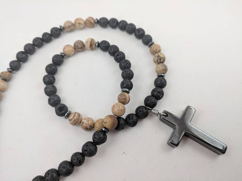 Mens cross necklace, cross jewelry for man, boys confirmation gift in black lava diffuser beads and stone cross BD6_57 image 1