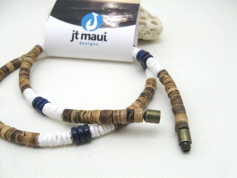 Mens necklace blue lapis lazuli, surf style blue lapis choker, little boys or unisex surfer design, hawaiian necklace white Puka shell image 5