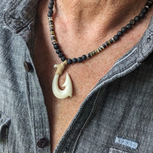 Mens Hawaiian fish hook necklace, with lava and shell, makau necklace for man, surfer style, maui style bone hook