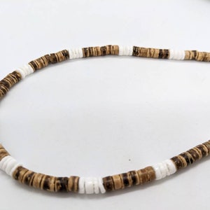 Men&#39;s necklace, white shell necklace for man, surfer style gift for him in coconut wood and shell on sturdy wire, puka style