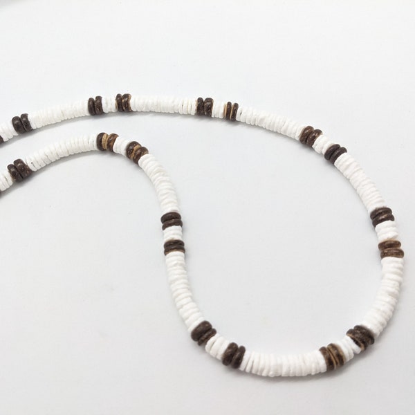 Puka shell surf necklace, white surfer style choker, tropical necklace in 7 to 8mm white shell