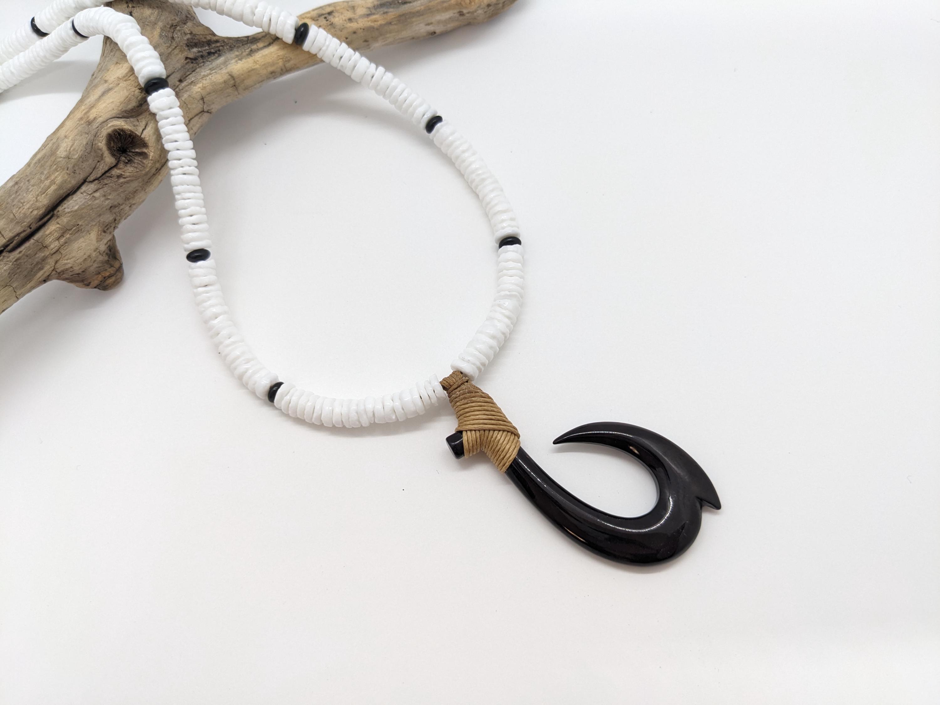 Mens Hawaiian Fish Hook Necklace, White Puka Shell, Makau Necklace
