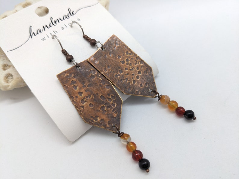 Rustic orange earrings in orange agate and copper on surgical stainless steel ear wires, allergy safe earrings in fall tones, hypoallergenic image 7