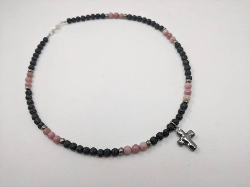 pink rhodonite necklace in black lava Girls diffuser bead necklace teens women black lava diffuser necklace for girls pink choker