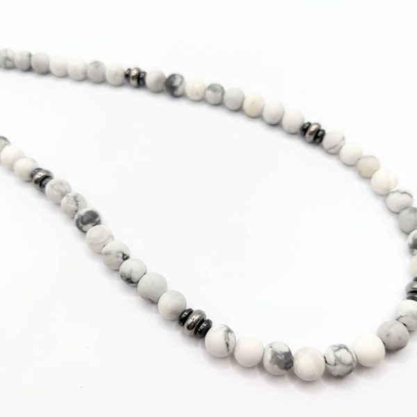 mens white beaded necklace, howlite choker, pearl look mens necklace, tribal masculine style for boys, calming diffuser Stone