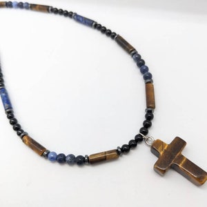 Boys cross necklace, with stones black Tourmaline, blue sodalite, tigers eye, lapis and hematite for men
