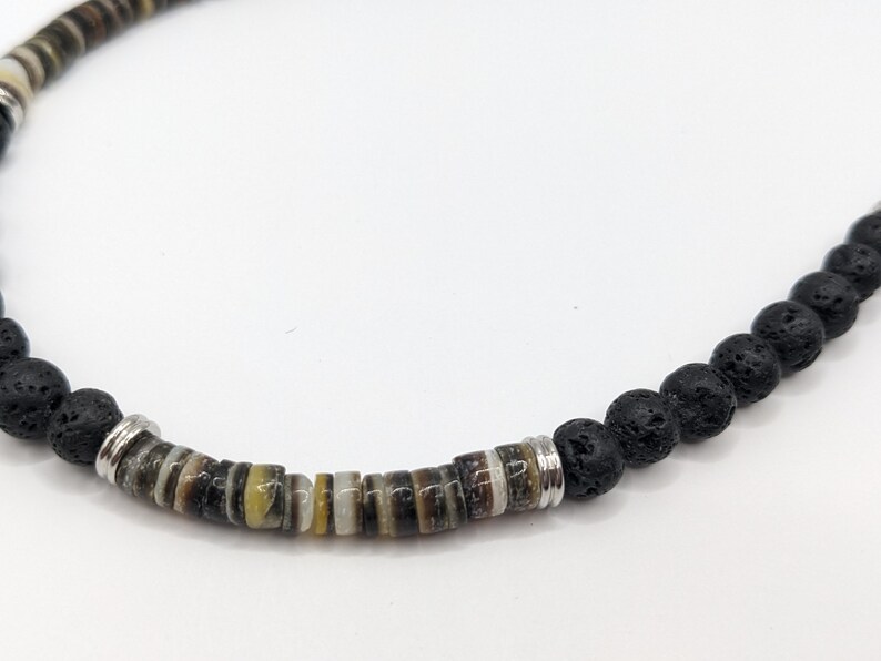 Mens necklace, surf style beaded men's necklace with black lip shell, waterproof design on quality wire image 3