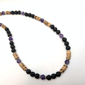 Amethyst and Lava Stone Necklace: Mens Gemstone Choker, boy purple birthstone, genuine amethyst on quality wire