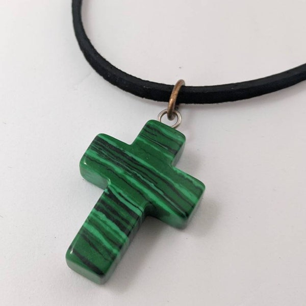 Boys cross necklace, malachite green stone cross on leather, Cross pendant on suede necklace, boys confirmation or  first communion cross