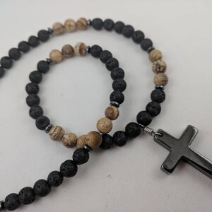 Mens cross necklace, cross jewelry for man, boys confirmation gift in black lava diffuser beads and stone cross BD6_57 image 5