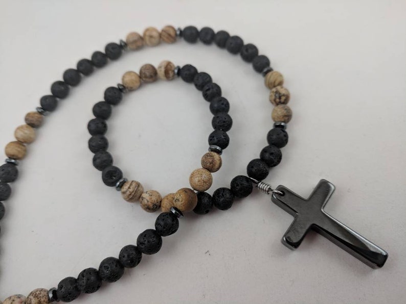 Mens cross necklace, cross jewelry for man, boys confirmation gift in black lava diffuser beads and stone cross BD6_57 image 5