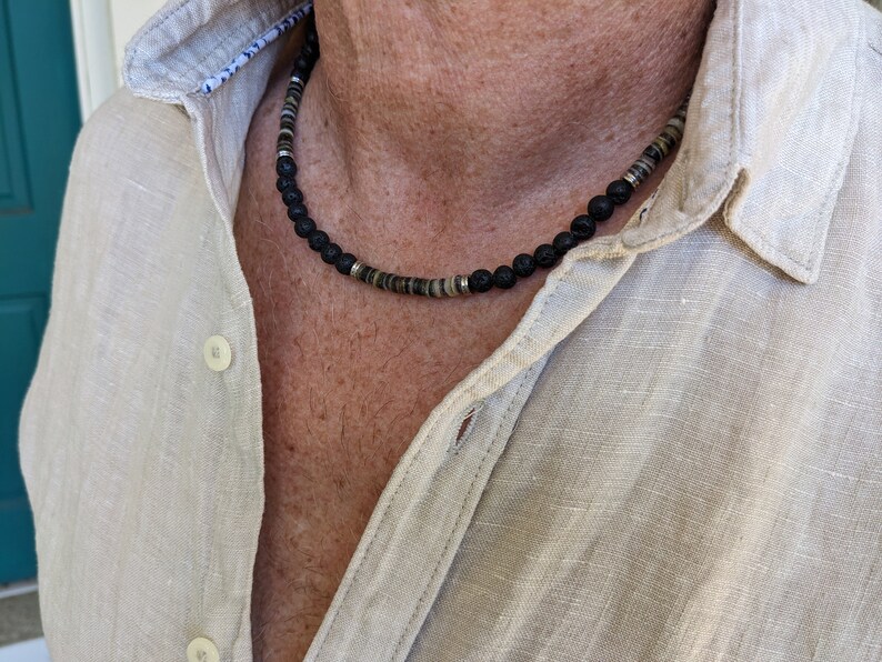 Mens necklace, surf style beaded men's necklace with black lip shell, waterproof design on quality wire image 2