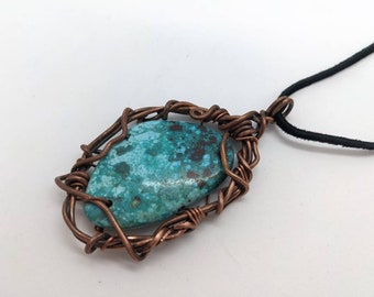 Turquoise copper wrap necklace, womens boho statement necklace, hippie style, elven woodland fantasy style focal pendant