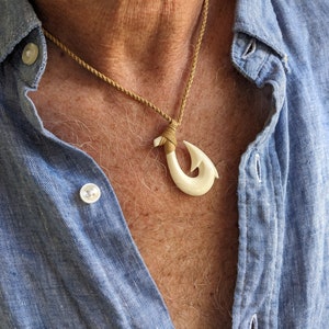 Nove Jewelry Leather White Hawaiian Fish Hook Pendant Necklace