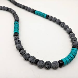 Turquoise mens necklace, lava diffuser unisex necklace, naturally darkening gray lava and turquoise stone on quality beading wire by JT Maui