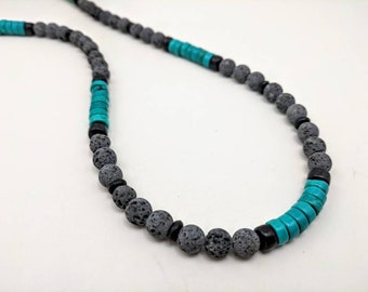 Turquoise mens necklace, lava diffuser unisex necklace, naturally darkening gray lava and turquoise stone on quality beading wire by JT Maui