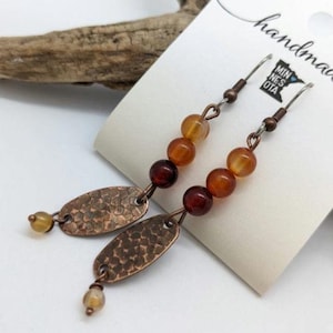Copper boho earrings, rust orange agate, antiqued copper, bronze boho style on surgical stainless steel wires