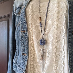 long boho necklace, women&#39;s blue lapis lazuli and silver, boho chic style jewelry, dark blue natural stone, ladies long chain