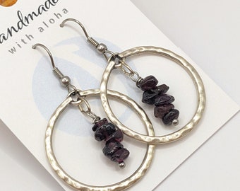 Garnet earrings, genuine red garnet in silver circle hoop, on silver stainless ear wires, January birthstone, gift for January birthday