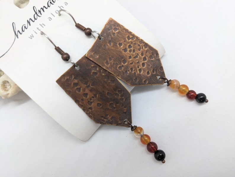 Rustic orange earrings in orange agate and copper on surgical stainless steel ear wires, allergy safe earrings in fall tones, hypoallergenic image 3