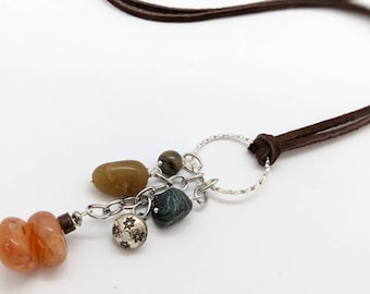 Women's long boho necklace, boho style in orange agate, mustard, and teal, extra long boho chic style jewelry on long leather suede LB65