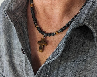 Collier croix pour hommes en oeil de tigre, confirmation pour garçons, tour de cou en oeil de tigre et perles de lave, cadeau pour mari ou fils