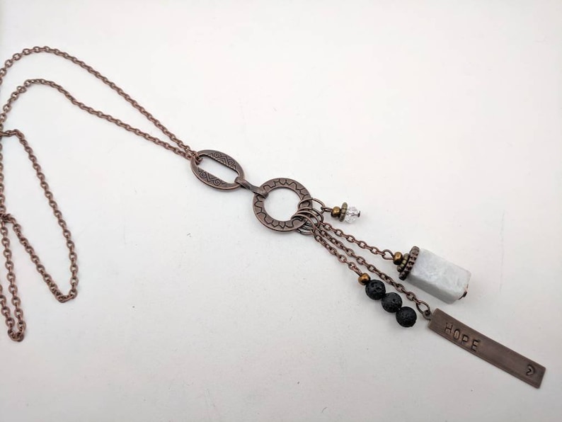 personalized with white amazonite copper and lava or green serpentine Stones your choice long boho necklace
