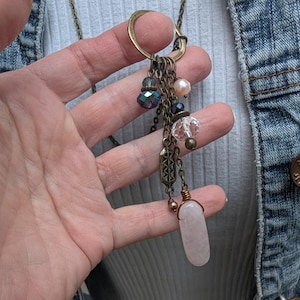 Long multi charm necklace, rose quartz light pink on long bronze chain, boho style, multi drops image 6
