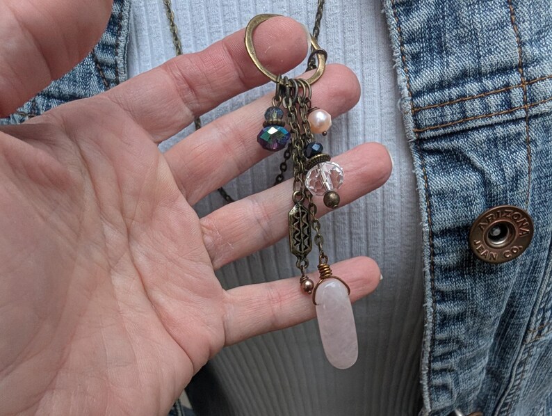 Long multi charm necklace, rose quartz light pink on long bronze chain, boho style, multi drops image 6