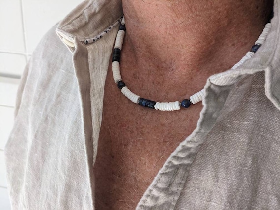 Collier surf homme lapis lazuli bleu, tour de cou lapis bleu style surfeur,  collier garçon en coquillage Puka blanc BD6_25 -  France