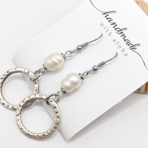 Pearl boho earrings, freshwater pearl earrings on surgical stainless steel ear wires by JT Maui designs, silver and pearl